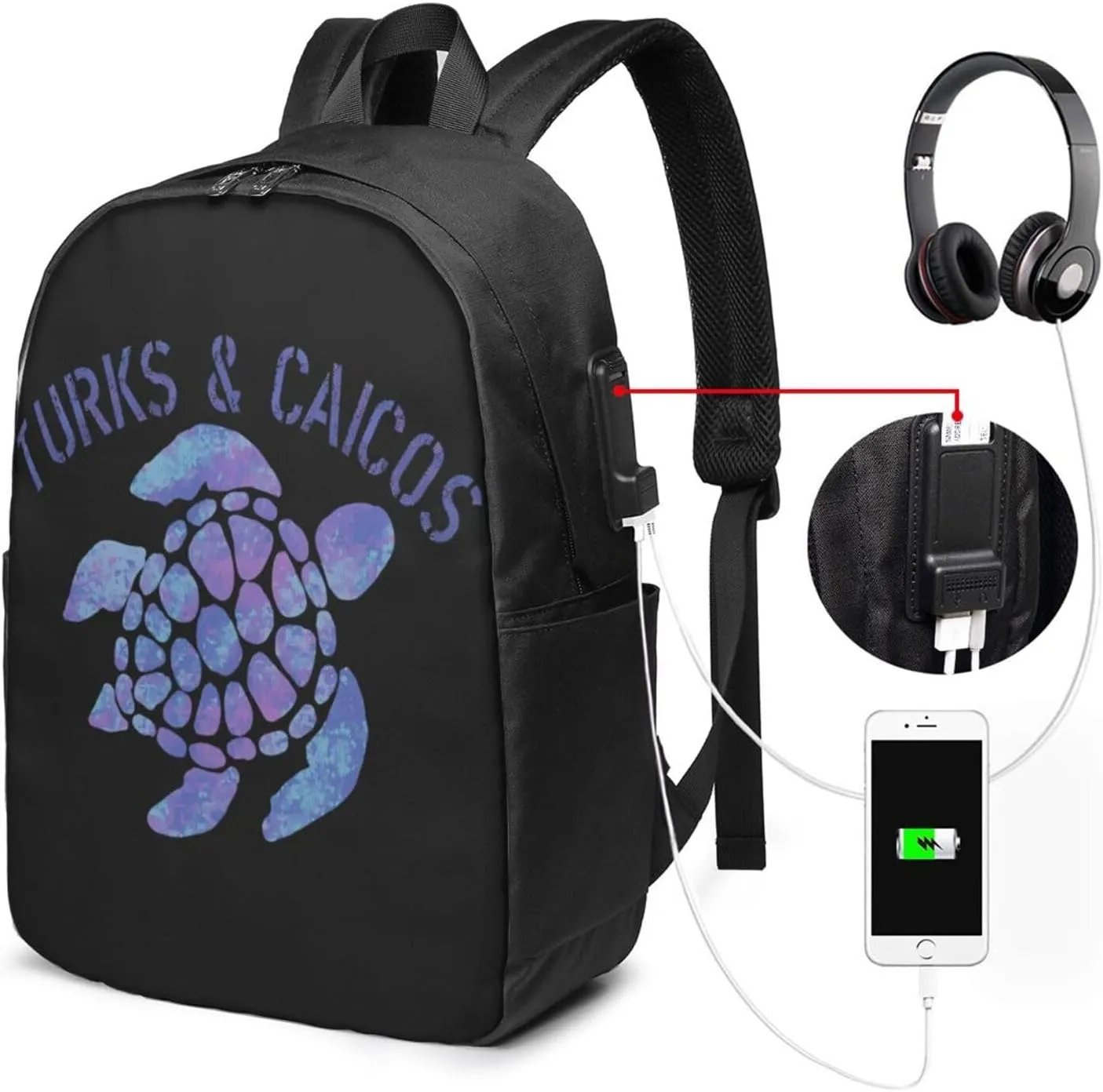 Turks Caicos Islands Flag Turtle Laptop Backpacks Travel Backpack Casual Business Daypack Sport Rucksack Computer Bag Fits up to 17 Inch Notebook with USB Port