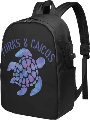 Turks Caicos Islands Flag Turtle Laptop Backpacks Travel Backpack Casual Business Daypack Sport Rucksack Computer Bag Fits up to 17 Inch Notebook with USB Port
