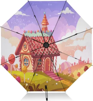 Umbrella, Auto Open Close Compact Umbrella for Purse Windproof, Compact Size for Backpacks/Handbags - for Travel, Cute Cartoon Gingerbread House