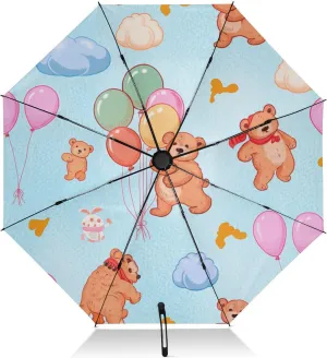 Umbrella, Auto Open Close Folding Umbrella Compact Windproof, Compact Size for Backpacks/Handbags - for Travel, Cute Bears Balloons Light Blue