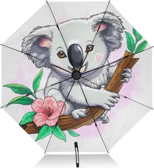 Umbrella, Auto Open Close Folding Umbrella Windproof, Compact Size for Backpacks/Handbags - for Travel, Cute Koala Flowers White