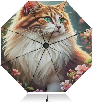 Umbrella, Auto Open Close Folding Umbrellas for Rain Windproof, Compact Size for Backpacks/Handbags - for Travel, Cute Cat Flowers