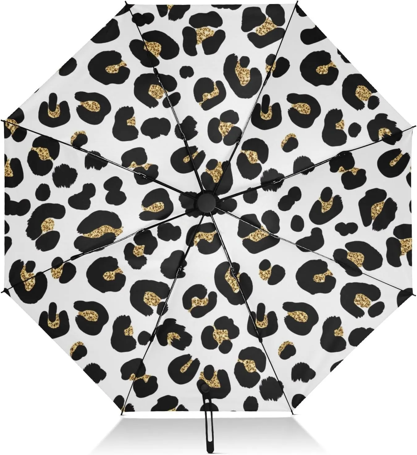 Umbrellas for Rain, Collapsible Umbrella Compact Travel Windproof, Ideal for Car, Purse, Men and Women, Black Leopard Spots White