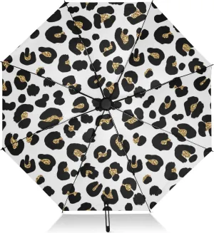 Umbrellas for Rain, Collapsible Umbrella Compact Travel Windproof, Ideal for Car, Purse, Men and Women, Black Leopard Spots White