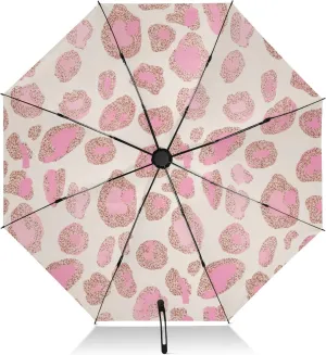 Umbrellas for Rain, Collapsible Umbrella Compact Travel Windproof, Ideal for Car, Purse, Men and Women, Soft Pink Rose Gold Leopard Spots