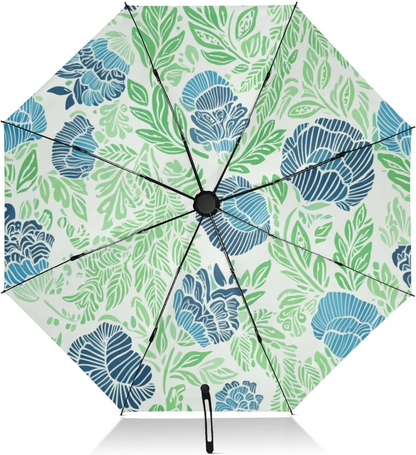 Umbrellas for Rain, Umbrella Compact Windproof, Ideal for Car, Purse, Men and Women, Blue Floral Green Leaves