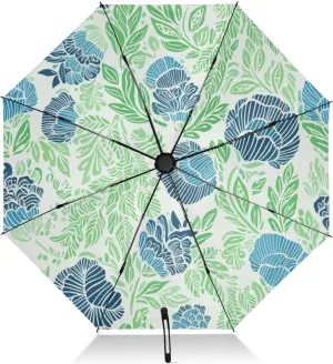 Umbrellas for Rain, Umbrella Compact Windproof, Ideal for Car, Purse, Men and Women, Blue Floral Green Leaves