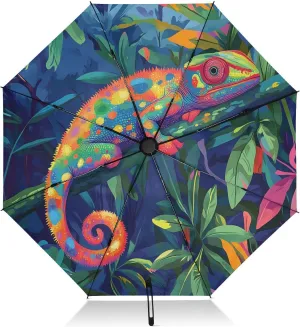 Umbrellas for Rain, Umbrella Small Compact Windproof, Ideal for Car, Purse, Men and Women, Colorful Chameleon Jungle