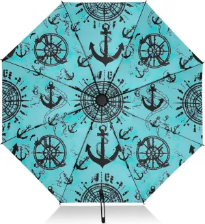 Umbrellas for Rain, Windproof Collapsible Umbrella Compact Travel, Ideal for Car, Purse, Men and Women, Nautical Anchors Teal Black