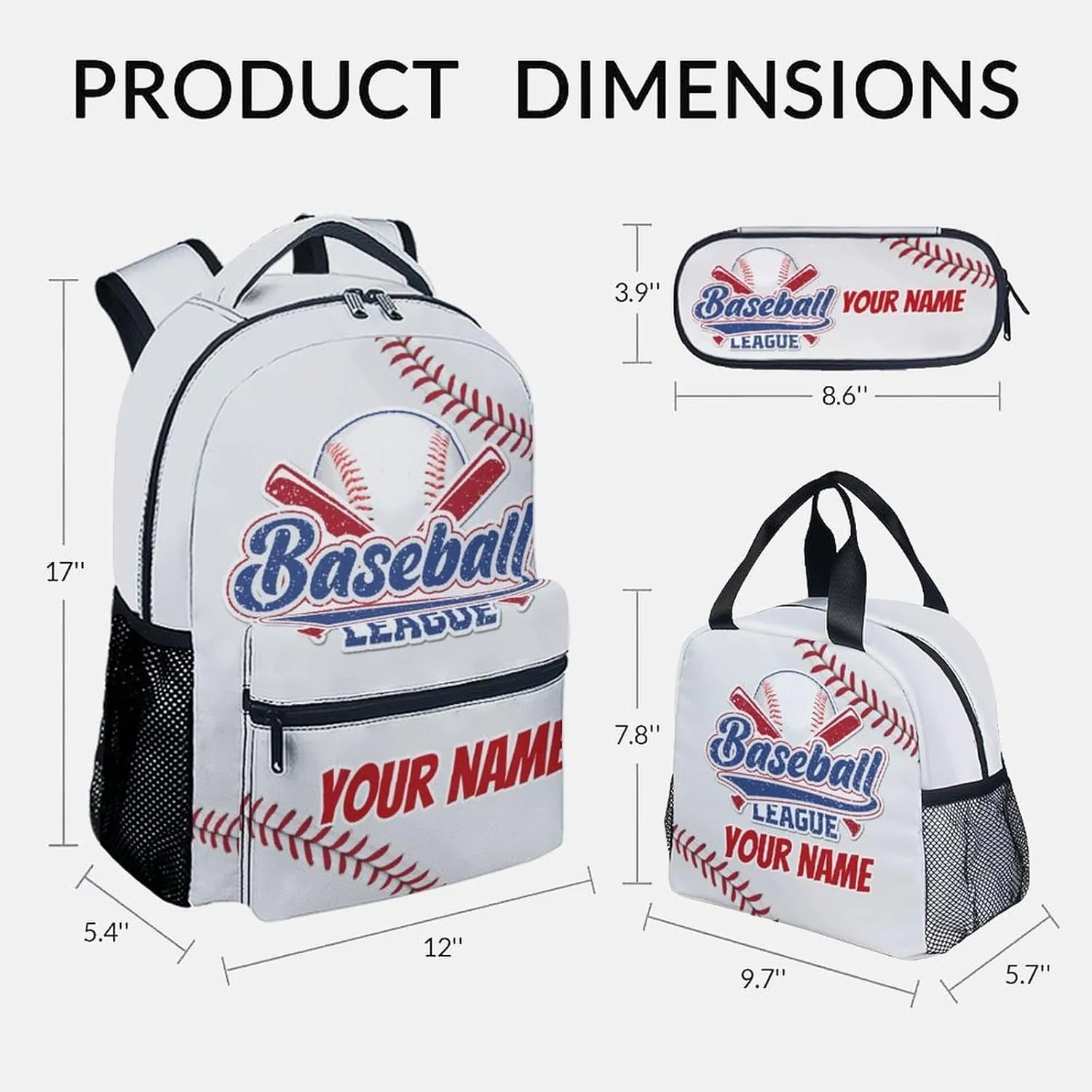 UNIKITTY Personalized Kids Backpack Set with Lunch Box, Baseball Backpack for Boys Girls, White Cute Large Capacity Bookbag with Adjustable Straps, 17" School Backpack for Middle School