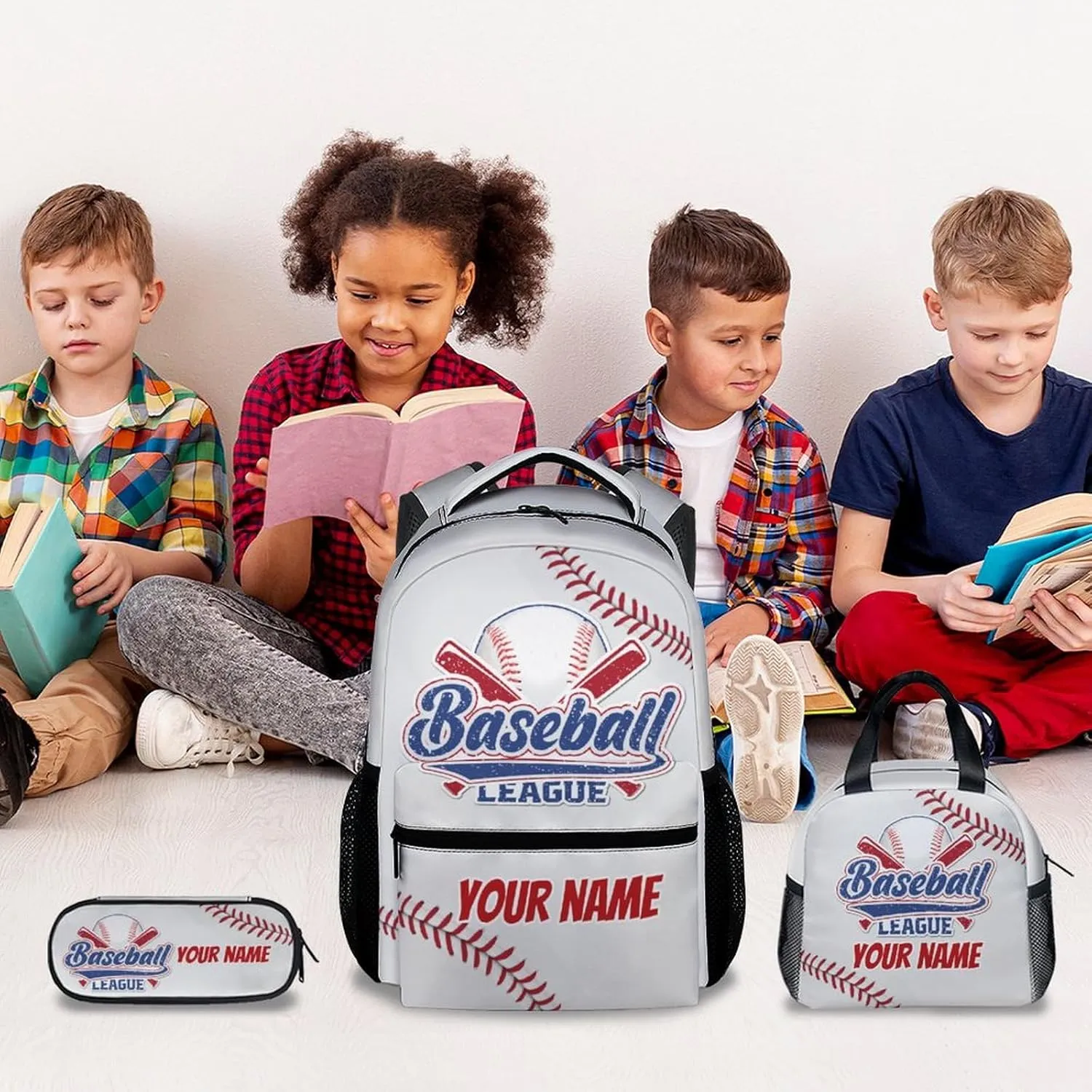 UNIKITTY Personalized Kids Backpack Set with Lunch Box, Baseball Backpack for Boys Girls, White Cute Large Capacity Bookbag with Adjustable Straps, 17" School Backpack for Middle School
