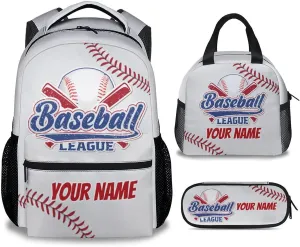 UNIKITTY Personalized Kids Backpack Set with Lunch Box, Baseball Backpack for Boys Girls, White Cute Large Capacity Bookbag with Adjustable Straps, 17" School Backpack for Middle School