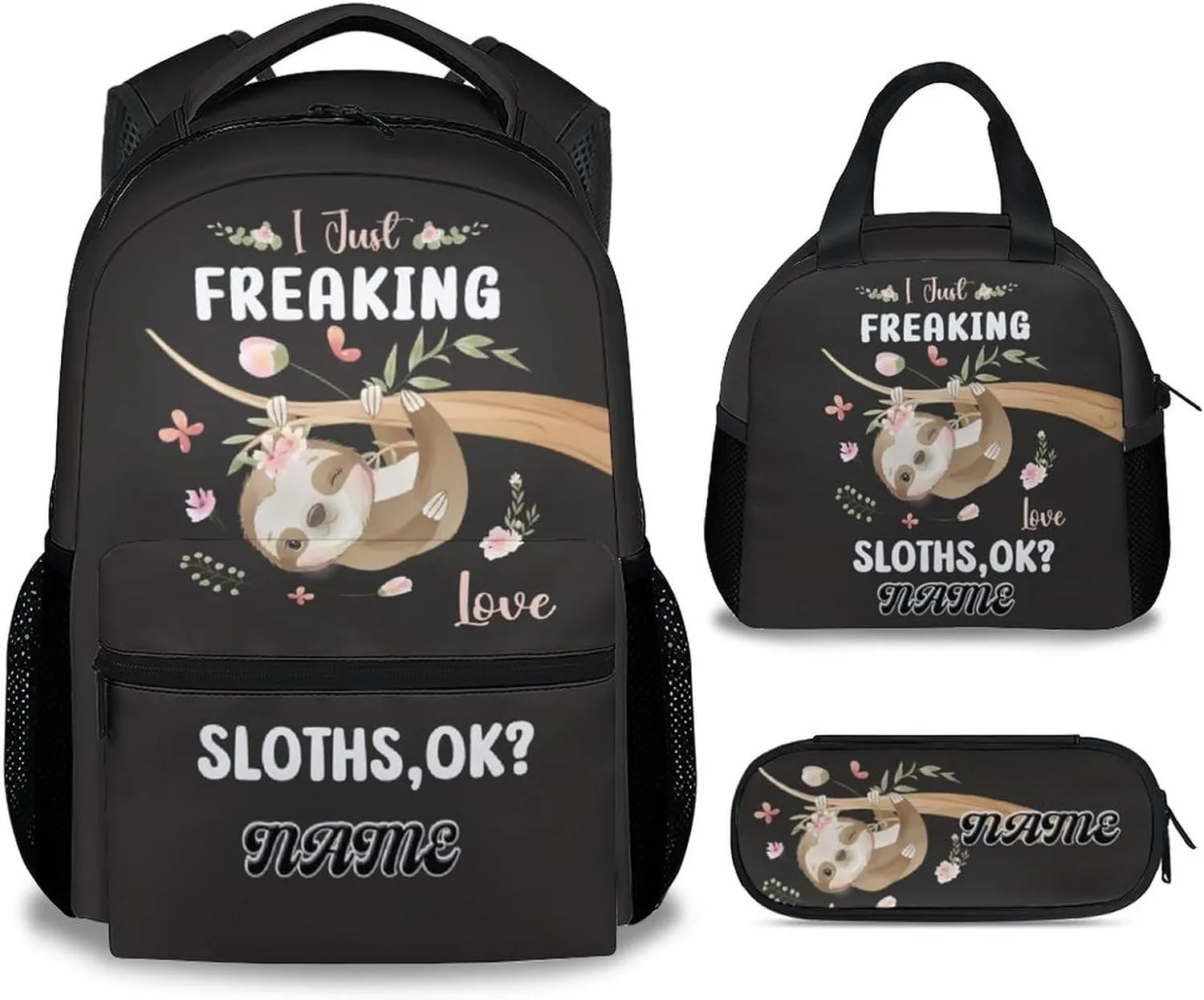 UNIKITTY Personalized Sloth Backpack with Lunch Box, Set of 3 School Backpacks Matching Combo, Cute Black Bookbag and Pencil Case Bundle