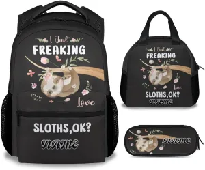 UNIKITTY Personalized Sloth Backpack with Lunch Box, Set of 3 School Backpacks Matching Combo, Cute Black Bookbag and Pencil Case Bundle