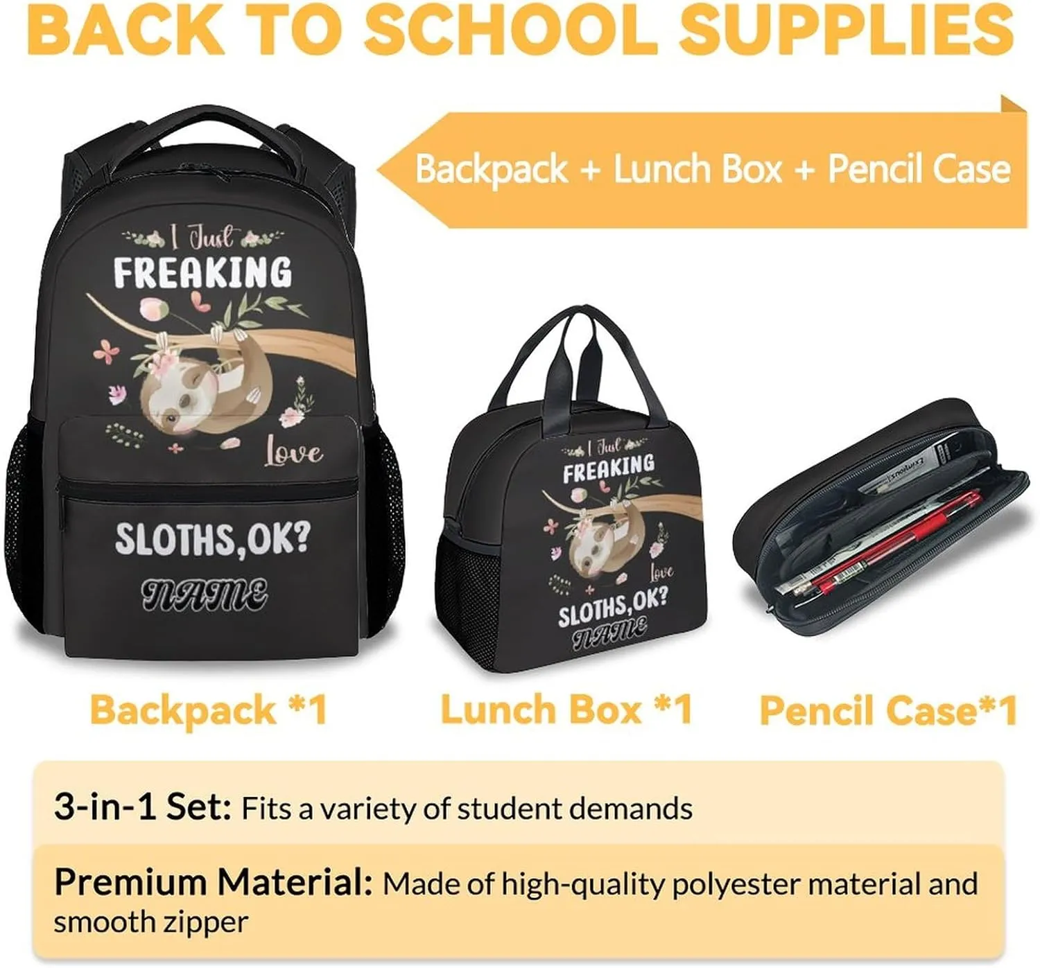 UNIKITTY Personalized Sloth Backpack with Lunch Box, Set of 3 School Backpacks Matching Combo, Cute Black Bookbag and Pencil Case Bundle