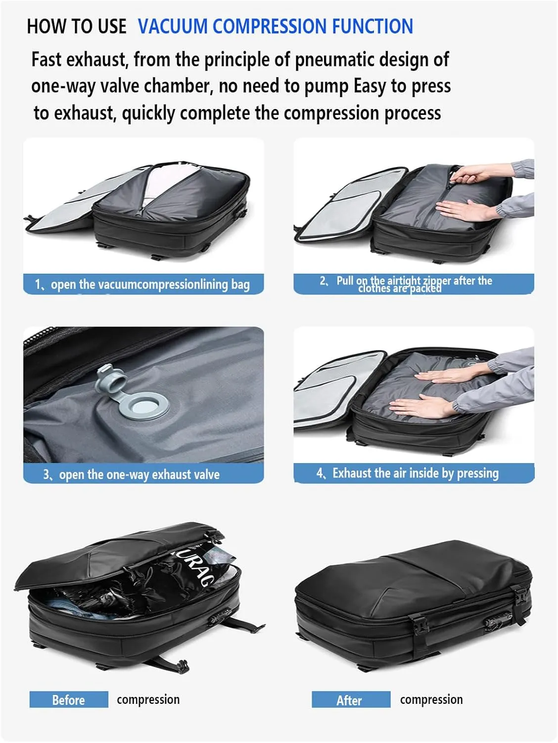 Vacuum Seal Compression Travel Backpack 60L Expandable Vacuum System Compression Large Capacity Backpack TAS Lock Anti Theft With Folding Solar Pane20W(Color:Blue)