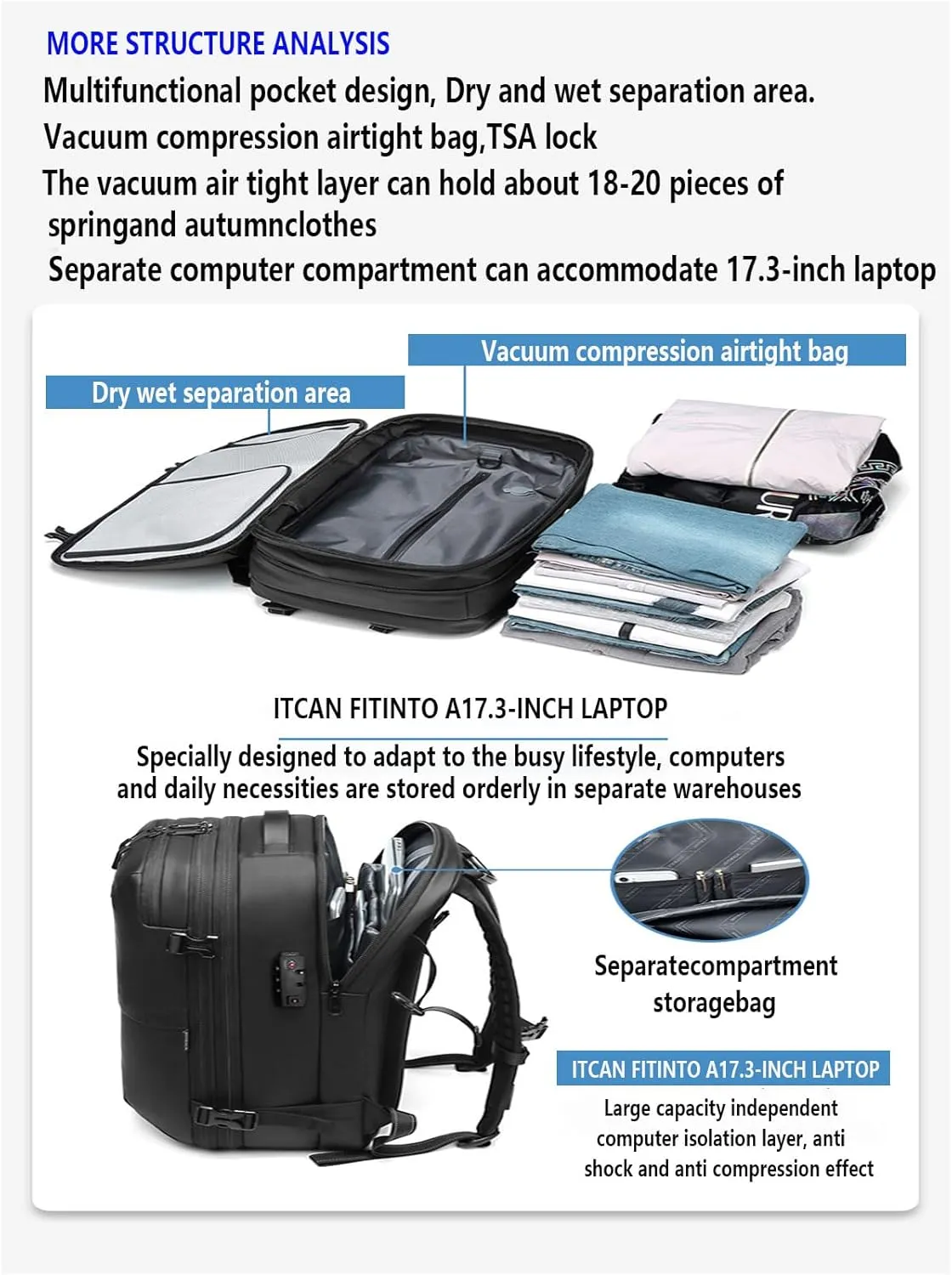 Vacuum Seal Compression Travel Backpack 60L Expandable Vacuum System Compression Large Capacity Backpack TAS Lock Anti Theft With Folding Solar Pane20W(Color:Blue)