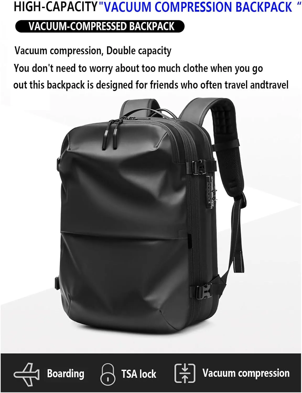 Vacuum Seal Compression Travel Backpack 60L Expandable Vacuum System Compression Large Capacity Backpack TAS Lock Anti Theft With Folding Solar Pane20W(Color:Blue)