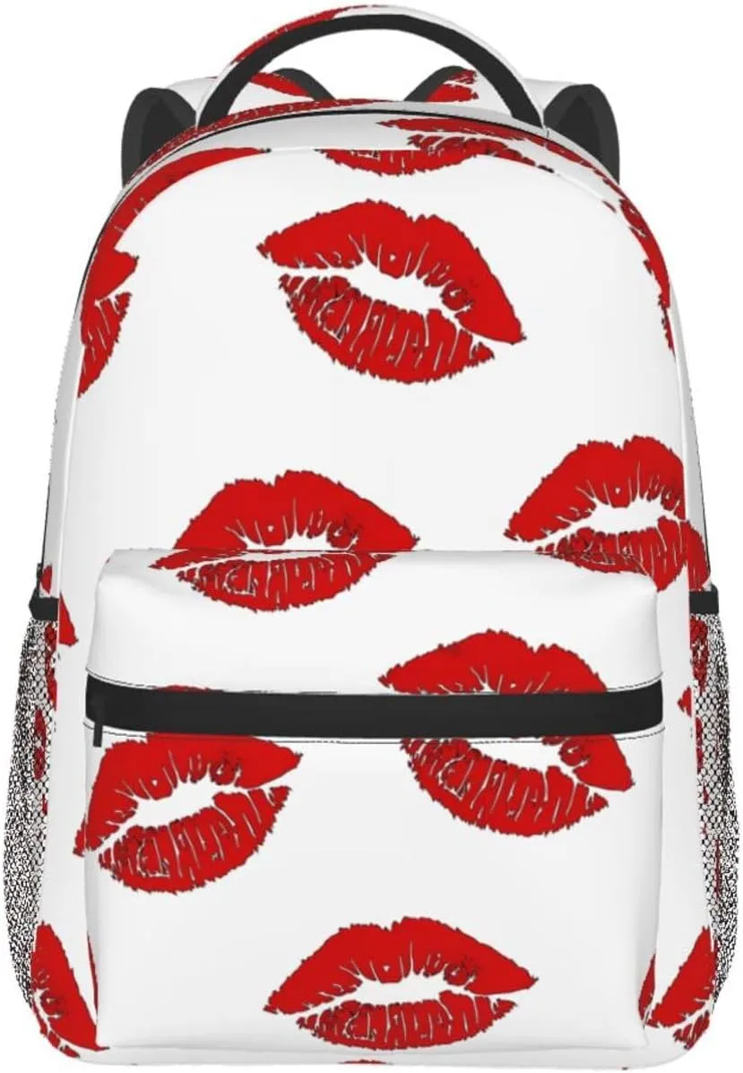Valentine Kiss Hot Red Nice Lips Casual Backpack Travel Pack Bag Laptop Backpacks With Side Pockets Front Zipper Pockets Bookpack Daypack Picnic Rucksack Computer Bag