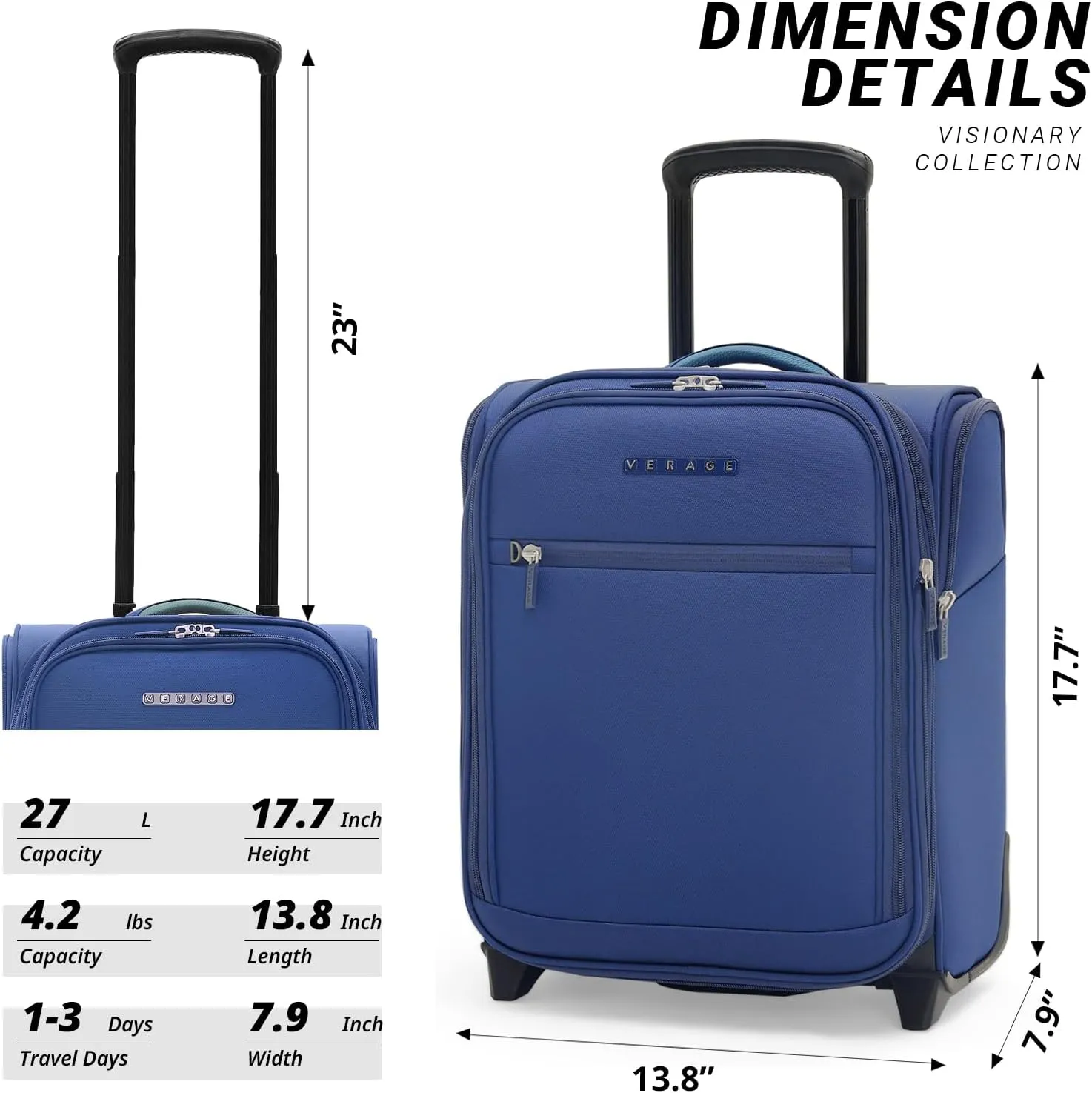 Verage 16 inch Underseat Carry On Luggage with Wheels, Navy Softside Small Suitcase Spinner Wheeled Rolling Travel Laptop Bag for Airlines Airplanes Short Trip Men Women