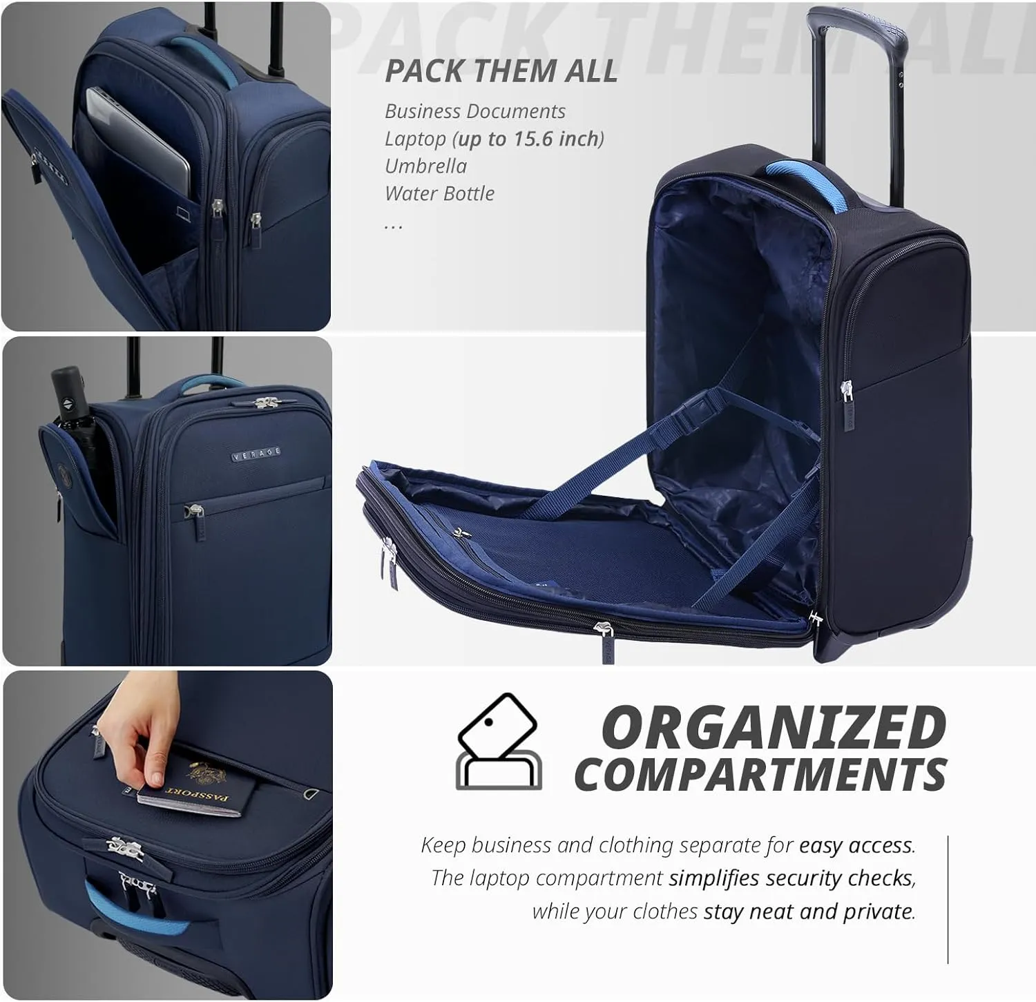 Verage 16 inch Underseat Carry On Luggage with Wheels, Navy Softside Small Suitcase Spinner Wheeled Rolling Travel Laptop Bag for Airlines Airplanes Short Trip Men Women