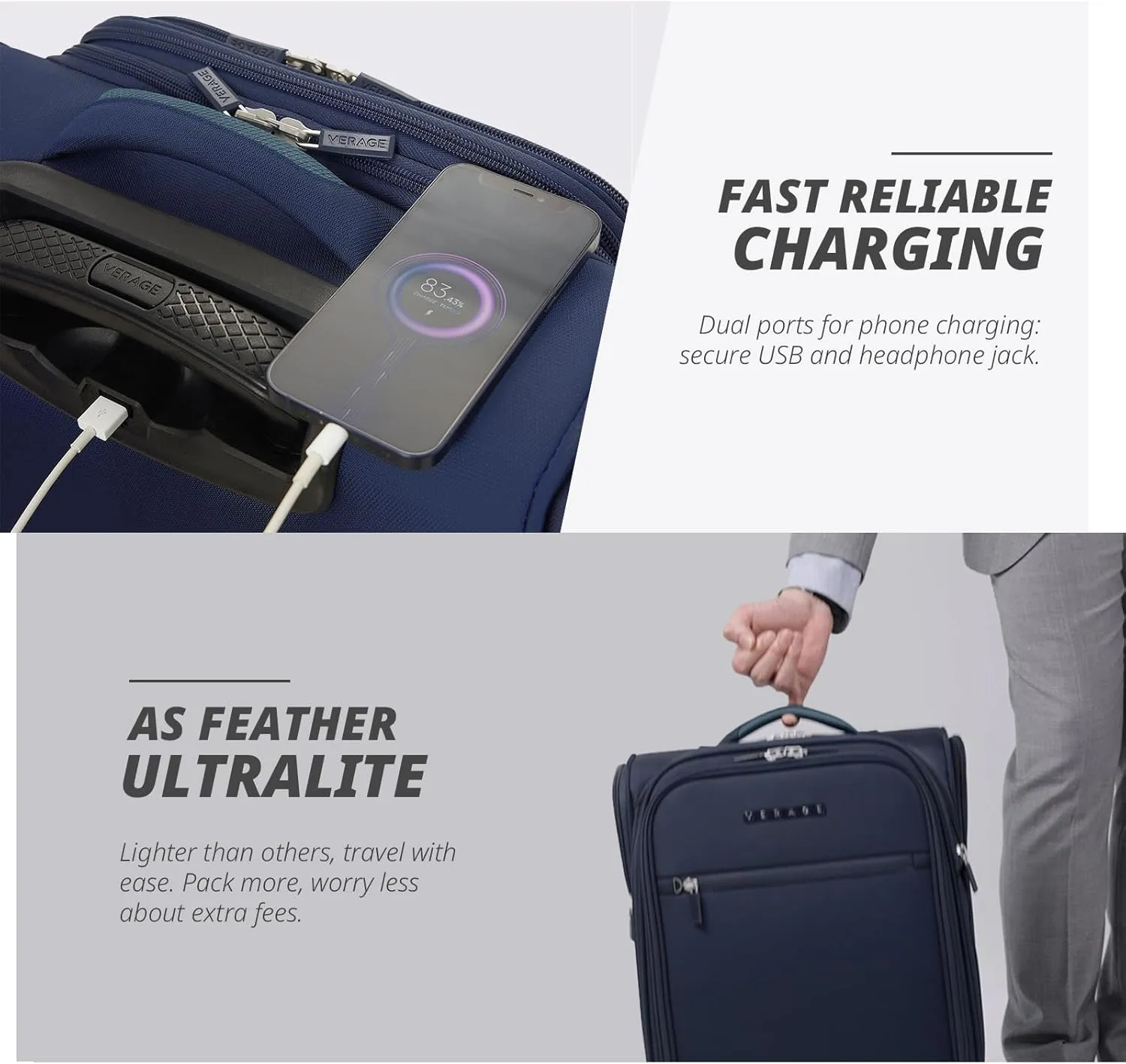Verage 16 inch Underseat Carry On Luggage with Wheels, Navy Softside Small Suitcase Spinner Wheeled Rolling Travel Laptop Bag for Airlines Airplanes Short Trip Men Women