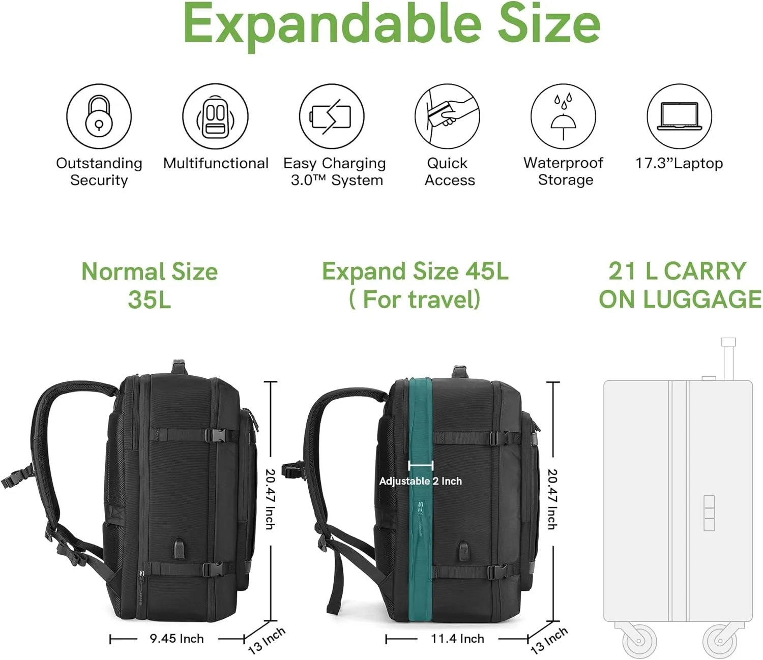 VGOAL Carry on Backpack, 40L Expandable Travel Weekender Overnight Luggage Bag Extra Large Backpack Fit up to 17.3" Laptop