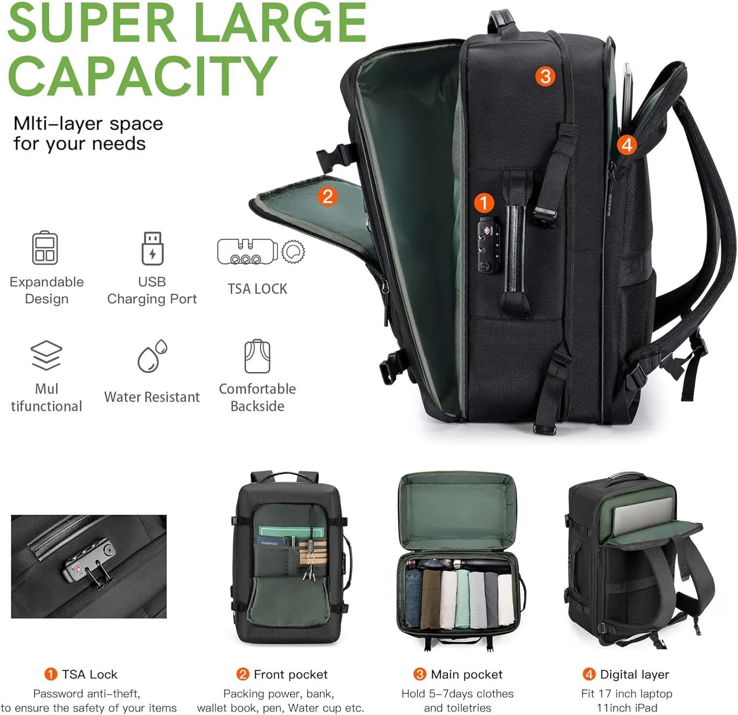 VGOAL Carry on Backpack, 40L Expandable Travel Weekender Overnight Luggage Bag Extra Large Backpack Fit up to 17.3" Laptop