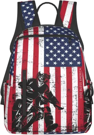 Vintage American Motorcycle Flag Dirt Bike Rider Motocross Casual Backpacks Laptop Backpack Outdoor Travel Rucksack Sport Carry-On Daypack Lightweight Bag with Multi-Pockets