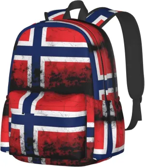 Vintage Norway Norwegian Flag Laptop Commuter Backpack Shoulder Bag Casual Back Pack Daypack Bags With Side Pockets For Work Travel Daily Use
