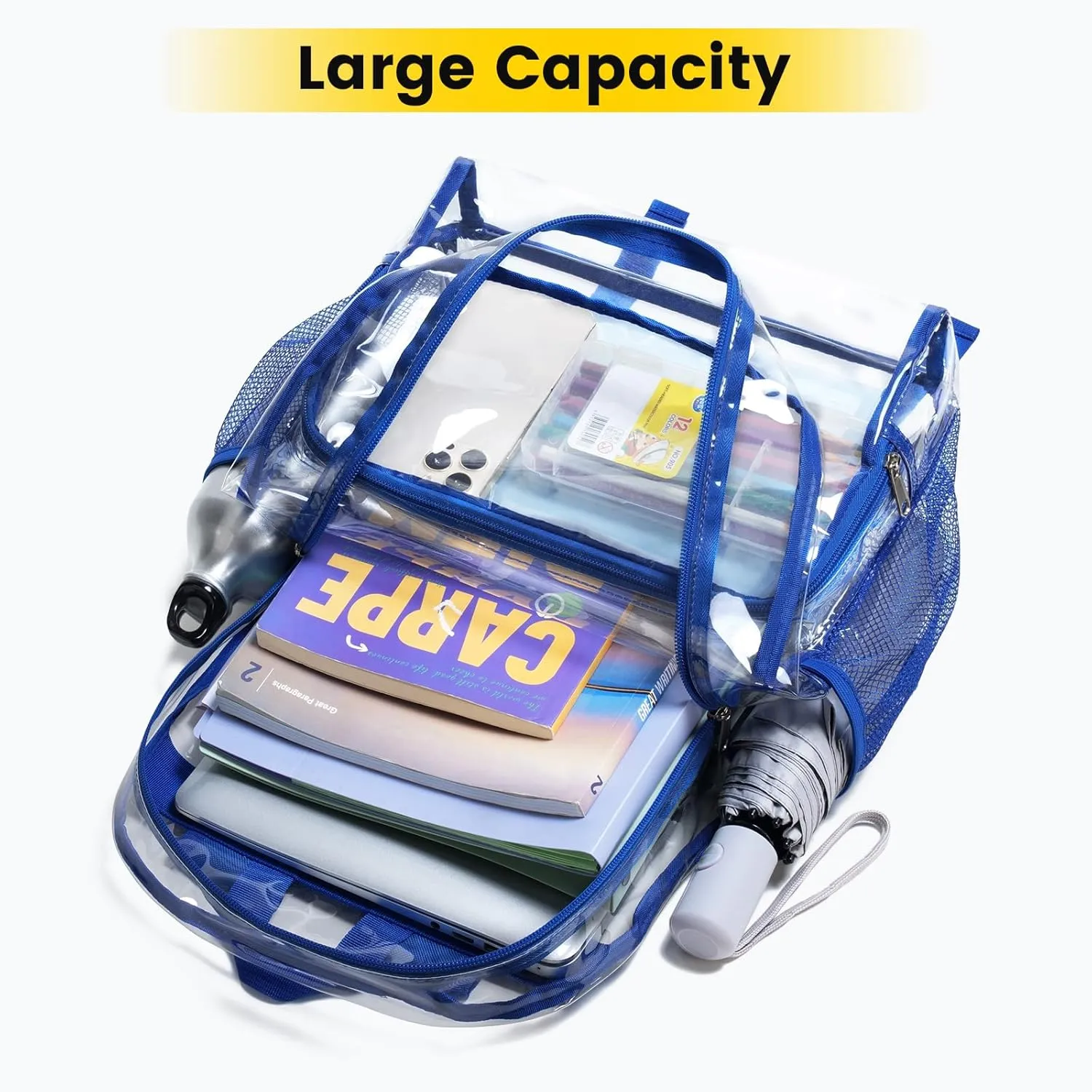 Vorspack Clear Backpack Heavy Duty - Large Clear Backpacks for School See Through Bookbag for Girls Boys Transparent Bag for Work, Concert, College - Blue