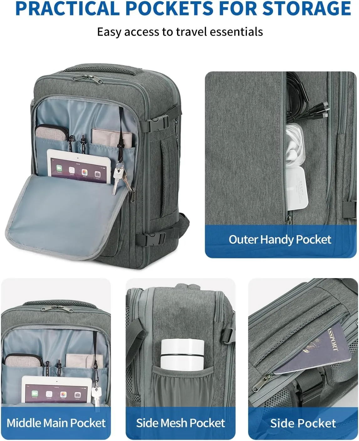 WANDF Expandable 17 Inch Laptop Travel Backpack For Spirit Airlines Personal Item Bag 18x14x8 with Wet Pocket for Men Women（Grey）