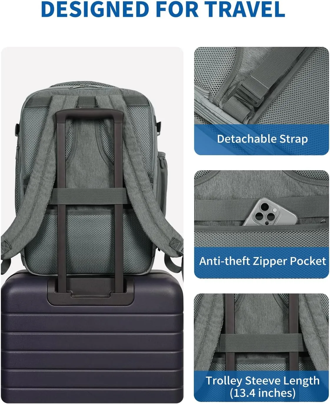 WANDF Expandable 17 Inch Laptop Travel Backpack For Spirit Airlines Personal Item Bag 18x14x8 with Wet Pocket for Men Women（Grey）