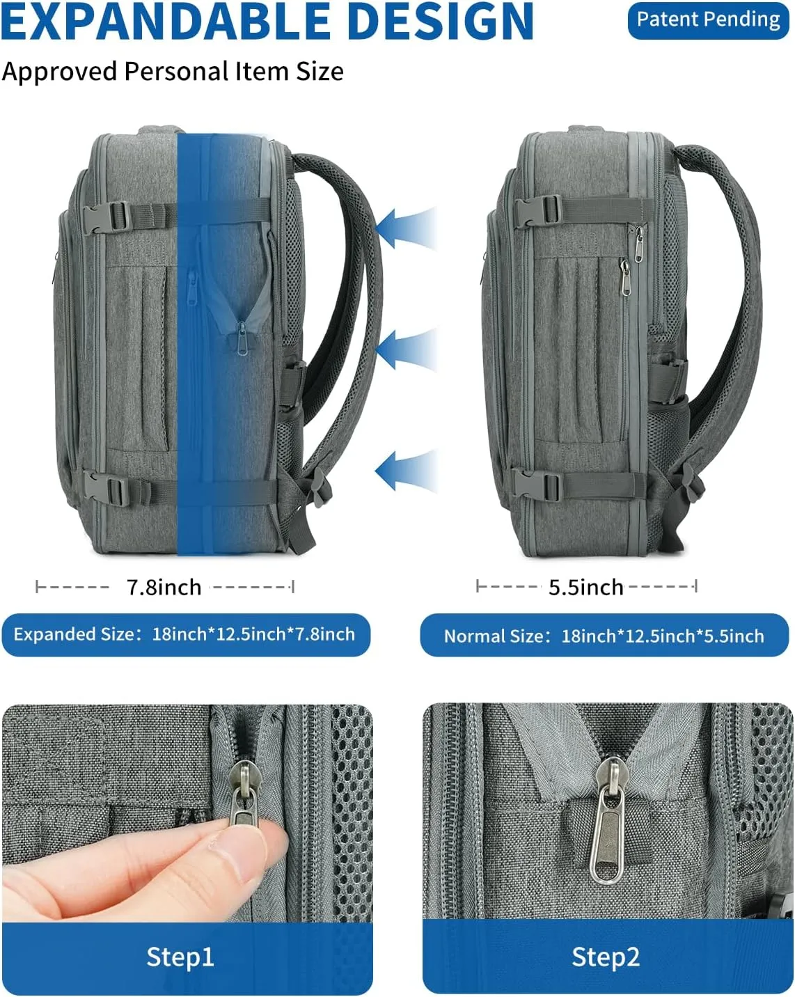 WANDF Expandable 17 Inch Laptop Travel Backpack For Spirit Airlines Personal Item Bag 18x14x8 with Wet Pocket for Men Women（Grey）