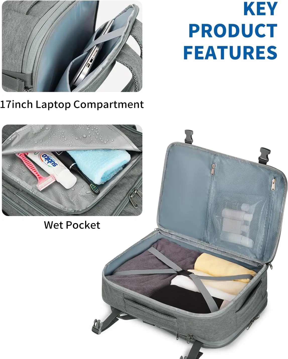 WANDF Expandable 17 Inch Laptop Travel Backpack For Spirit Airlines Personal Item Bag 18x14x8 with Wet Pocket for Men Women（Grey）