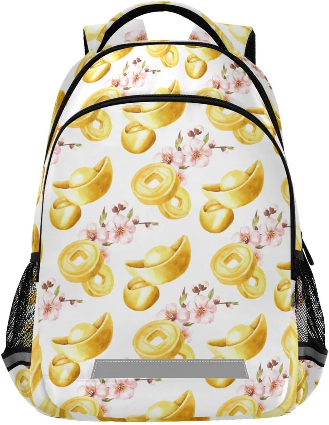 Watercolor Gold Yuan Bao Large School Backpacks with Chest Strap for Boys Girls Students,Lightweight Bookbags 17 Inch, Portable Casual Daypack Bags