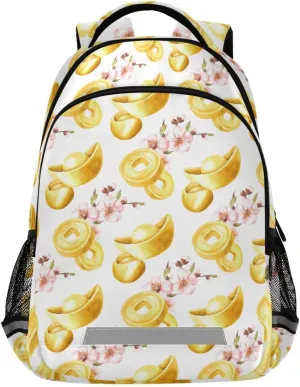 Watercolor Gold Yuan Bao Large School Backpacks with Chest Strap for Boys Girls Students,Lightweight Bookbags 17 Inch, Portable Casual Daypack Bags
