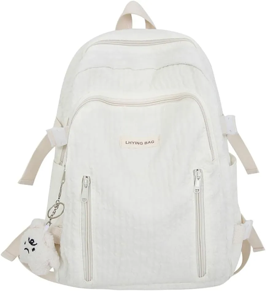 Wave Crease Kawaii Backpack with Cute Accessories Travel Backpacks Lightweight Solid Color Bags 16 Inch Daypack (White)