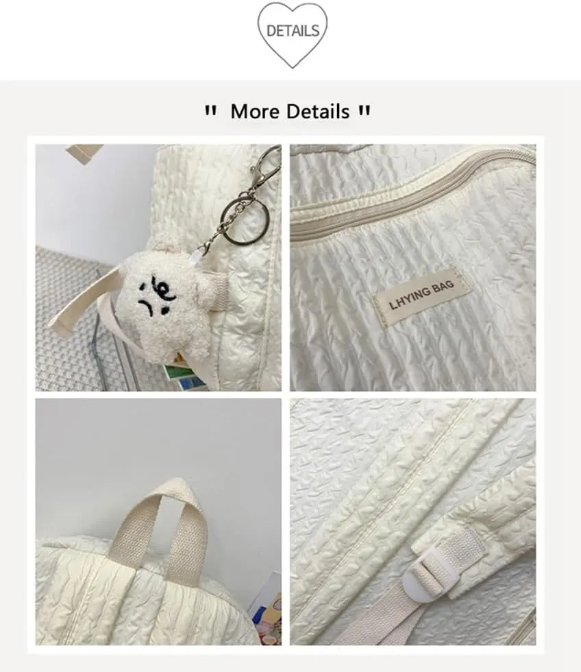 Wave Crease Kawaii Backpack with Cute Accessories Travel Backpacks Lightweight Solid Color Bags 16 Inch Daypack (White)