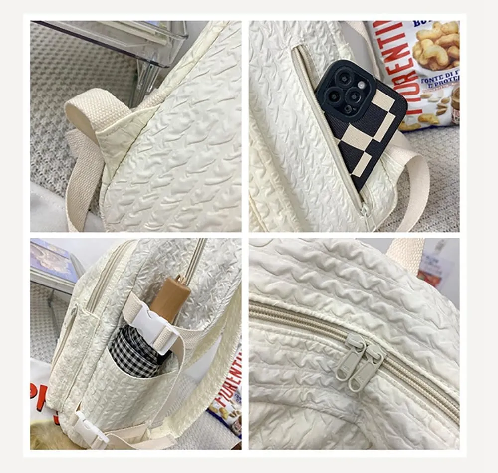 Wave Crease Kawaii Backpack with Cute Accessories Travel Backpacks Lightweight Solid Color Bags 16 Inch Daypack (White)