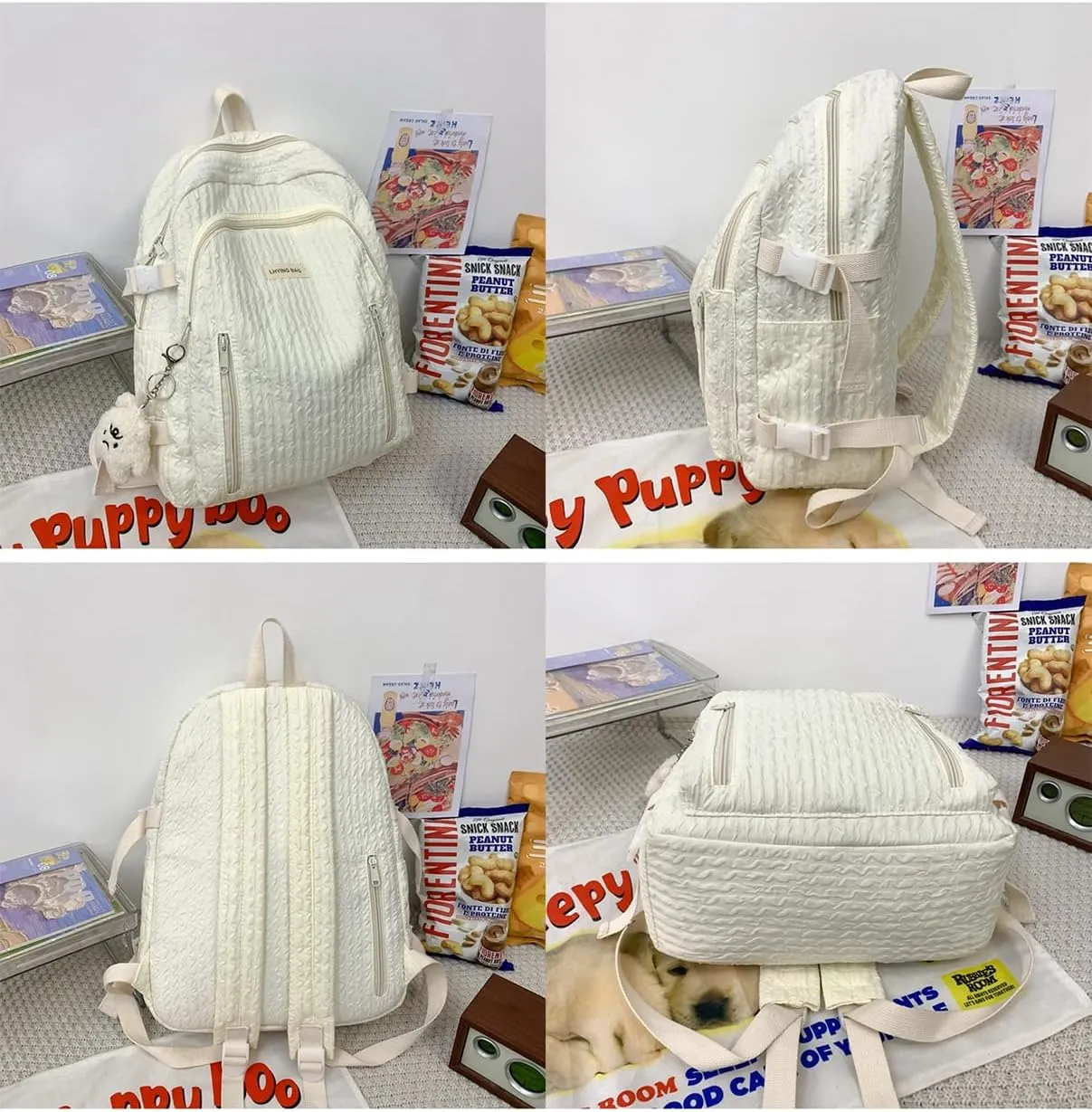 Wave Crease Kawaii Backpack with Cute Accessories Travel Backpacks Lightweight Solid Color Bags 16 Inch Daypack (White)