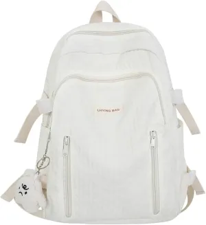Wave Crease Kawaii Backpack with Cute Accessories Travel Backpacks Lightweight Solid Color Bags 16 Inch Daypack (White)