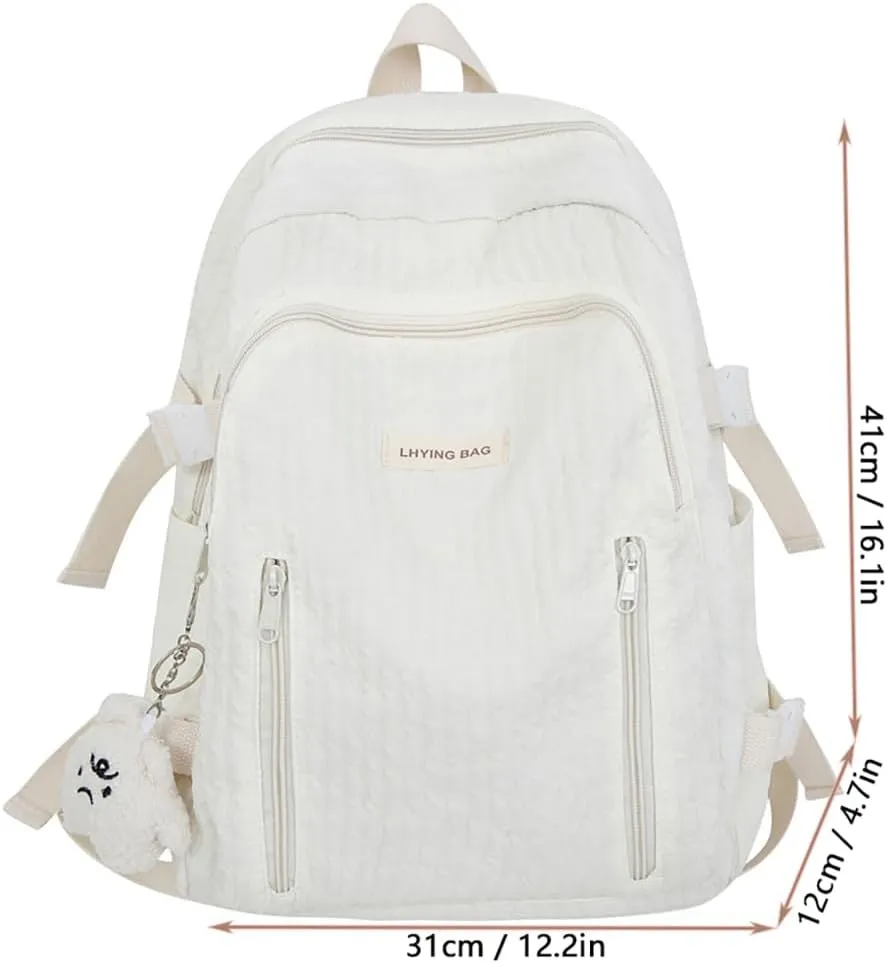 Wave Crease Kawaii Backpack with Cute Accessories Travel Backpacks Lightweight Solid Color Bags 16 Inch Daypack (White)