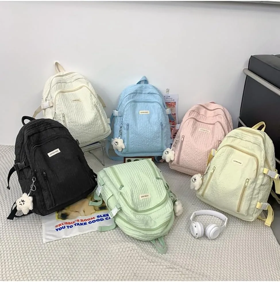 Wave Crease Kawaii Backpack with Cute Accessories Travel Backpacks Lightweight Solid Color Bags 16 Inch Daypack (White)