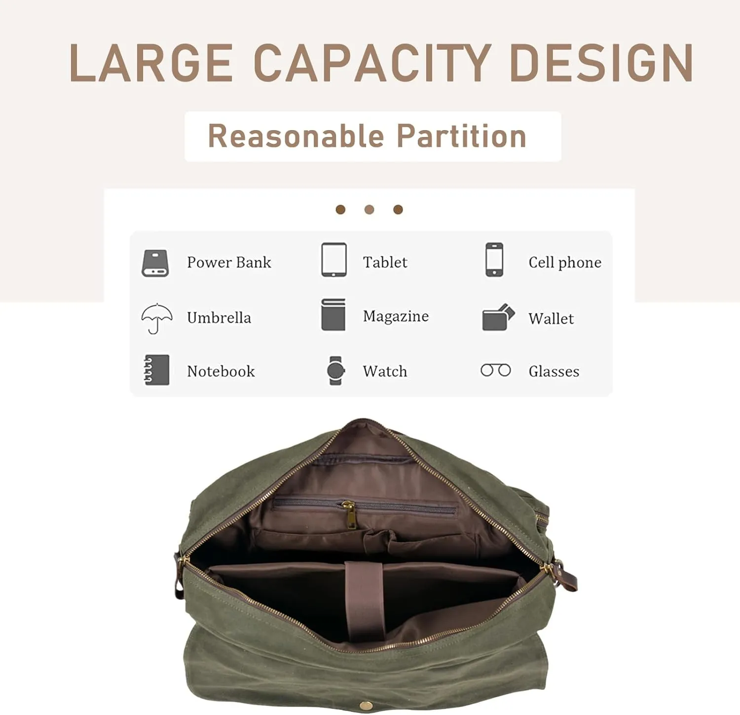 Waxed Canvas Laptop Bag for Men, Briefcase with Handle, Spacious Storage for Laptop, for Work, Travel, and Business Trips