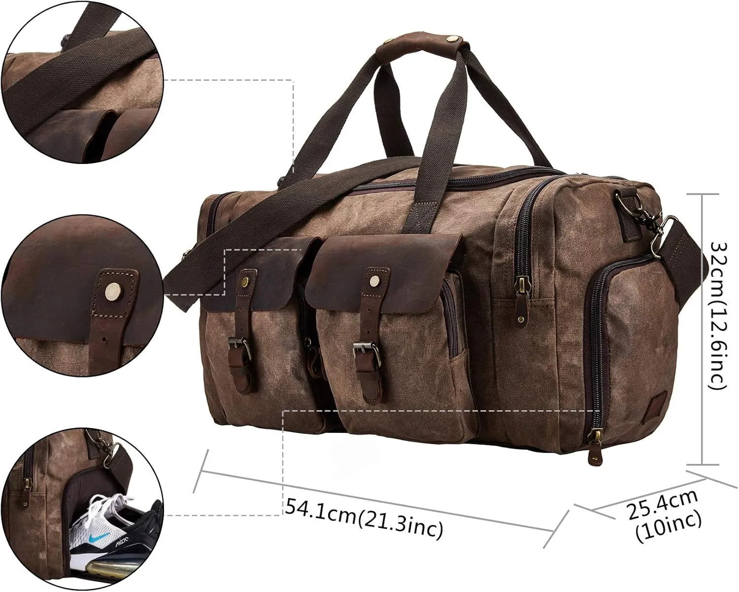 Waxed Canvas Vintage Overnight Duffel Weekend Travel Bag Waterproof For Men Women with Shoes Compartment (Dark Brown)