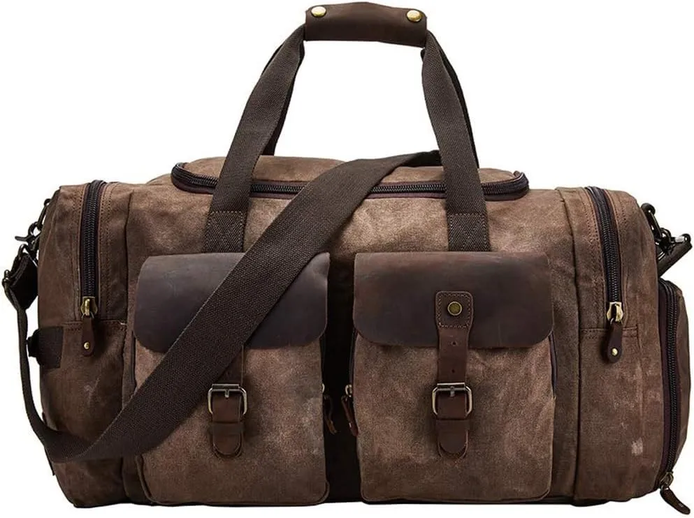Waxed Canvas Vintage Overnight Duffel Weekend Travel Bag Waterproof For Men Women with Shoes Compartment (Dark Brown)