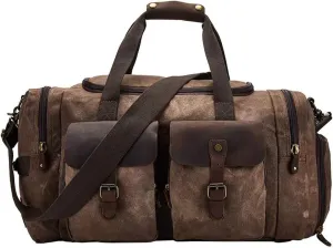 Waxed Canvas Vintage Overnight Duffel Weekend Travel Bag Waterproof For Men Women with Shoes Compartment (Dark Brown)