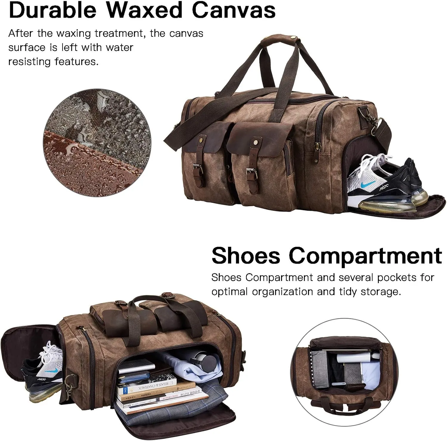 Waxed Canvas Vintage Overnight Duffel Weekend Travel Bag Waterproof For Men Women with Shoes Compartment (Dark Brown)