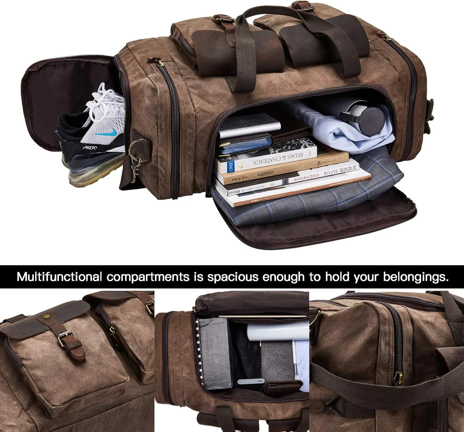 Waxed Canvas Vintage Overnight Duffel Weekend Travel Bag Waterproof For Men Women with Shoes Compartment (Dark Brown)
